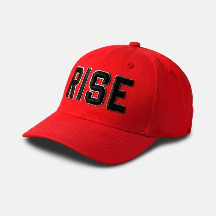 Red RISE Block Logo Hat, front view, with “RISE” in bold black 3D puff embroidery with cool gray outline.